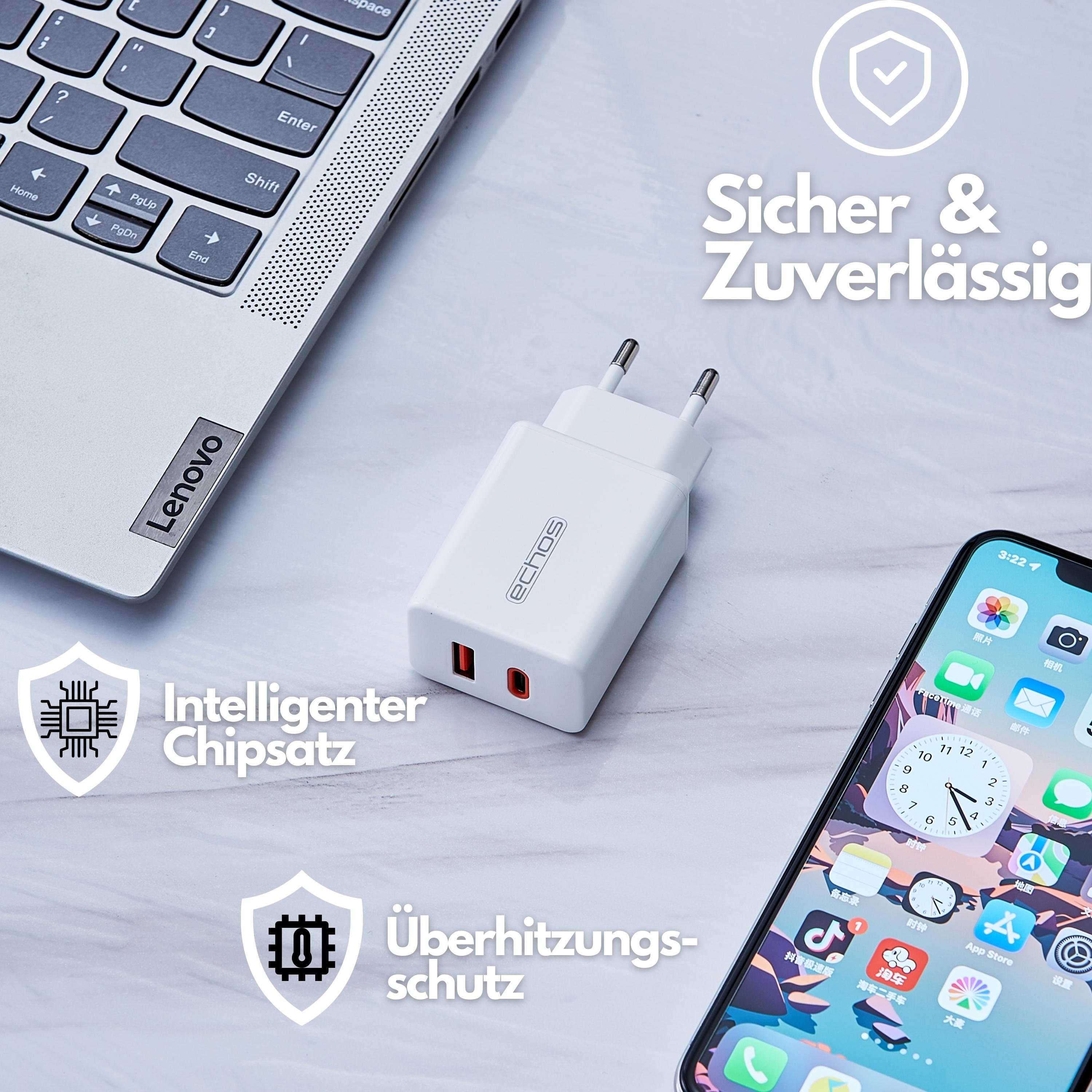 Echos 33W Dualport USB-C + USB-A Schnellladegerät | QC3.0, PD und PPS