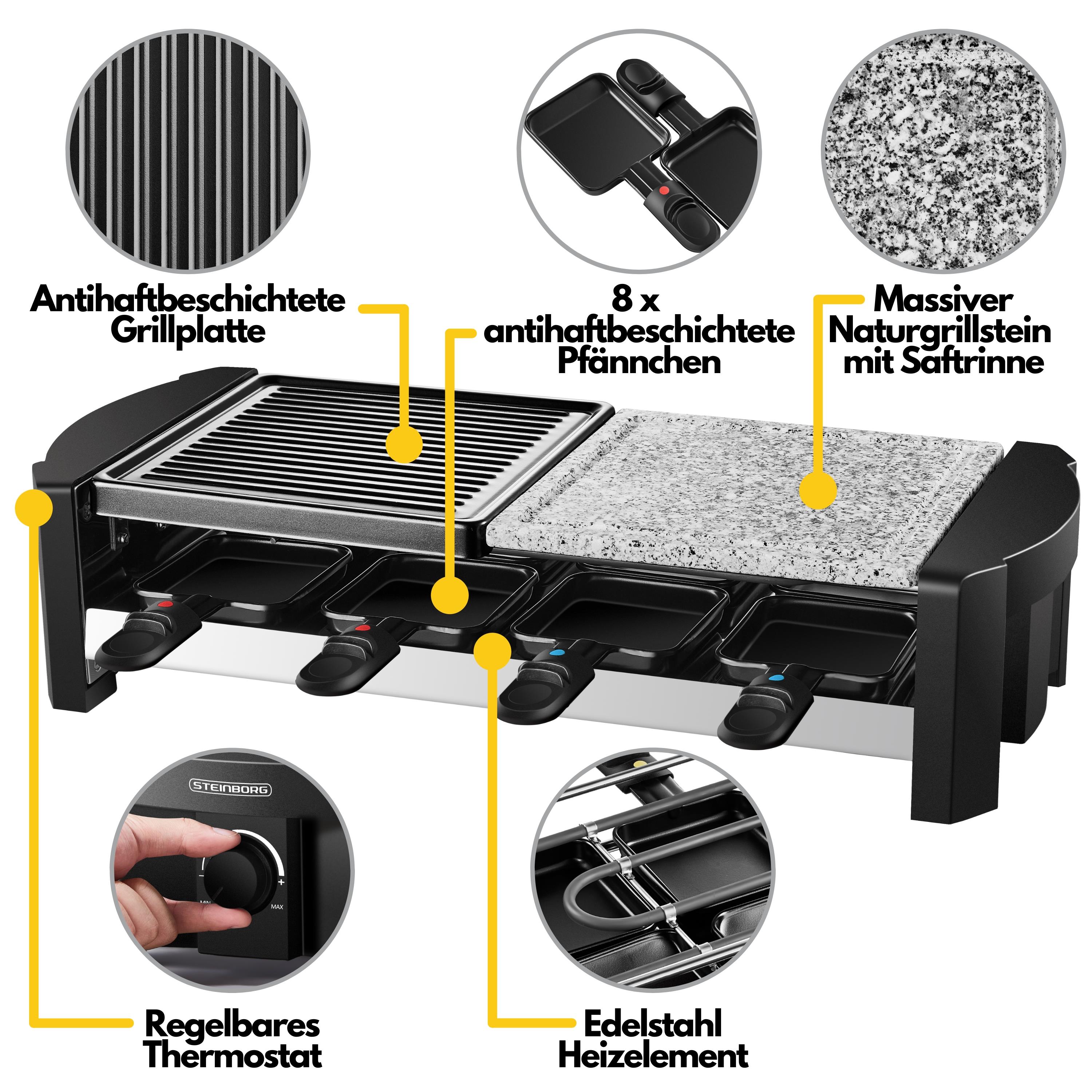 Steinborg Raclette Grill | Raclette Party Grill für 8 Personen | Mit kombinierter Grillfläche
