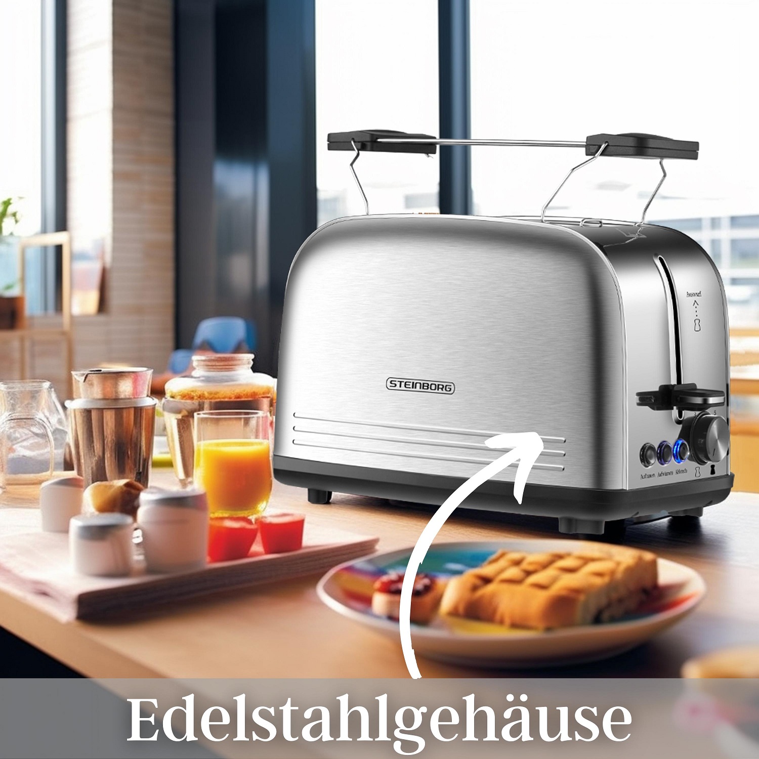 Steinborg 2 Scheiben Edelstahl Toaster | Mit Brötchenaufsatz