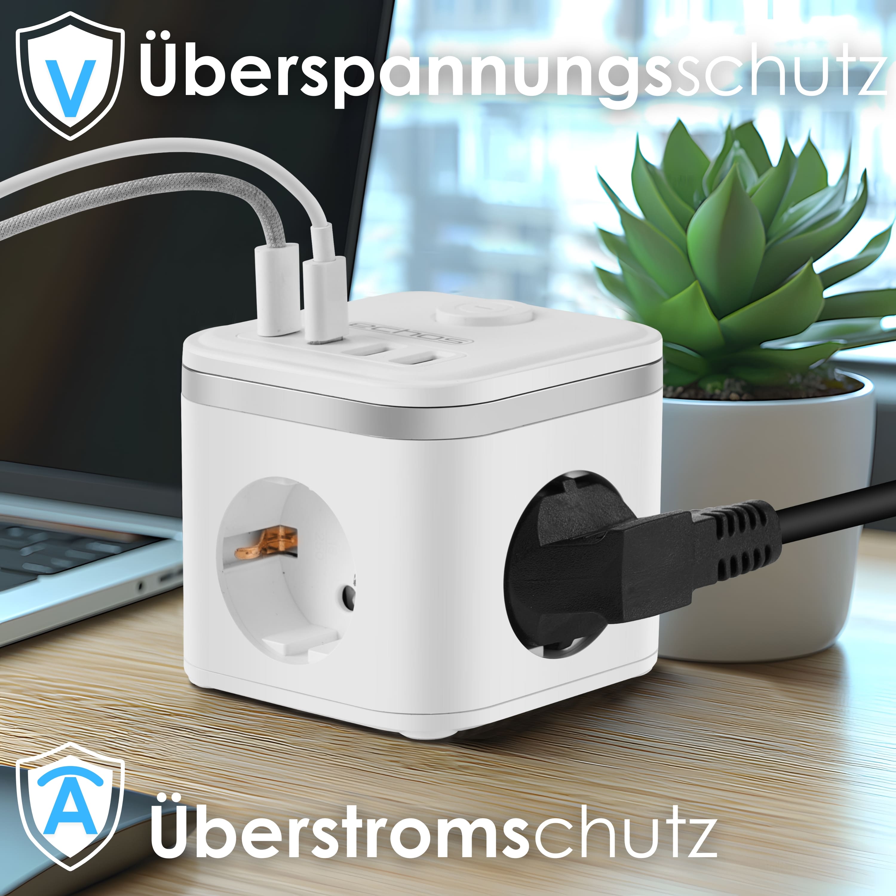 Echos Eco-4134 Steckdosenwürfel Weiß Silber mit Kabel Echos Eco-4134 Steckdosenwürfel Weiß Silber mit Kabel