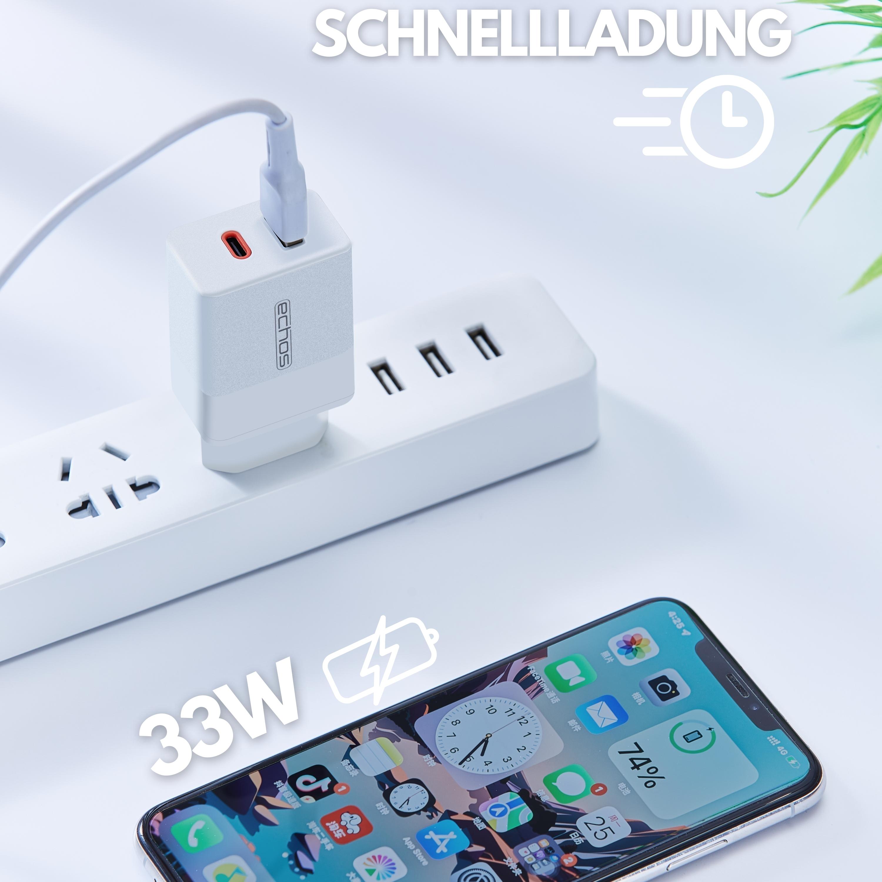 Echos 33W Dualport USB-C + USB-A Schnellladegerät | QC3.0, PD und PPS
