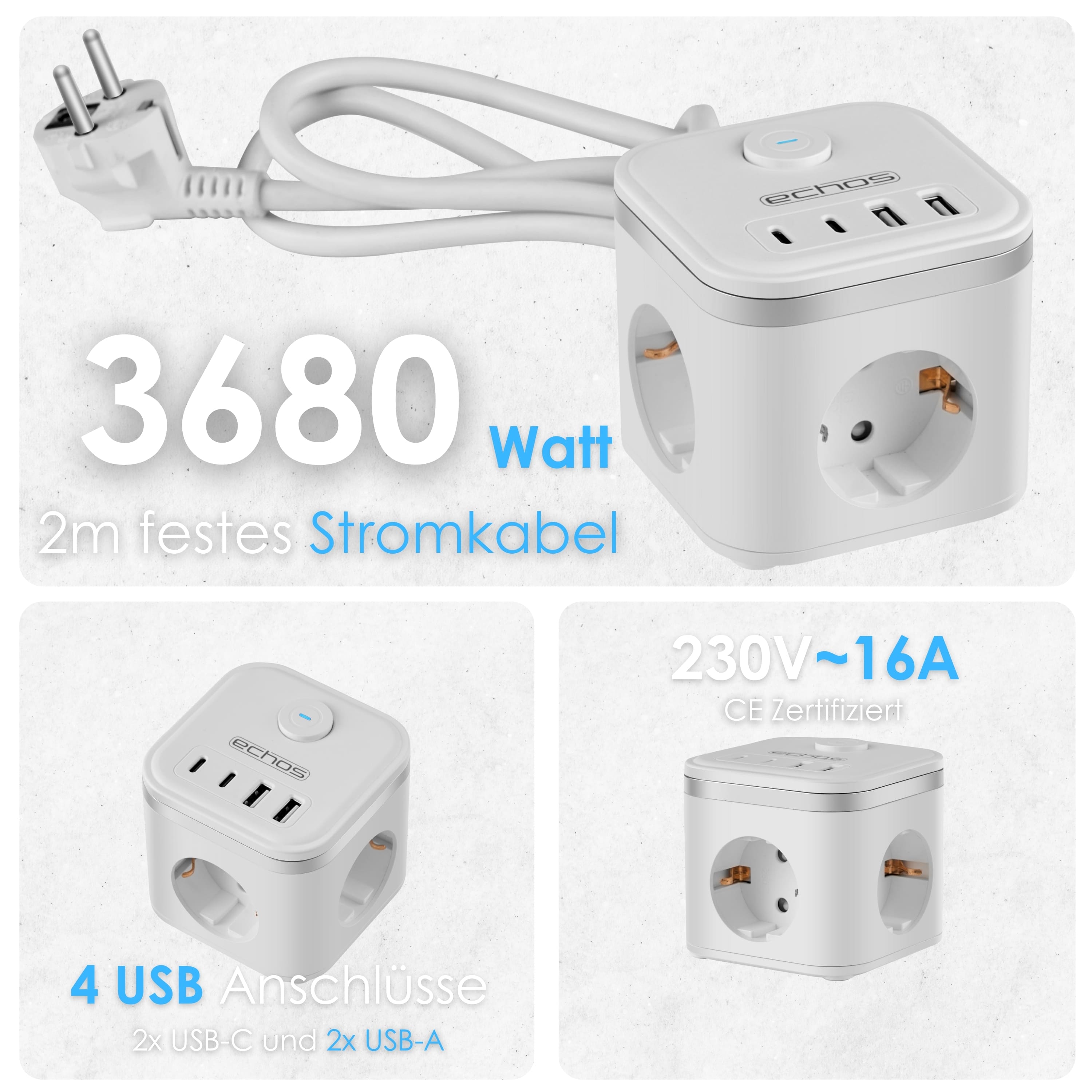 Echos Eco-4134 Steckdosenwürfel Weiß Silber mit Kabel Echos Eco-4134 Steckdosenwürfel Weiß Silber mit Kabel