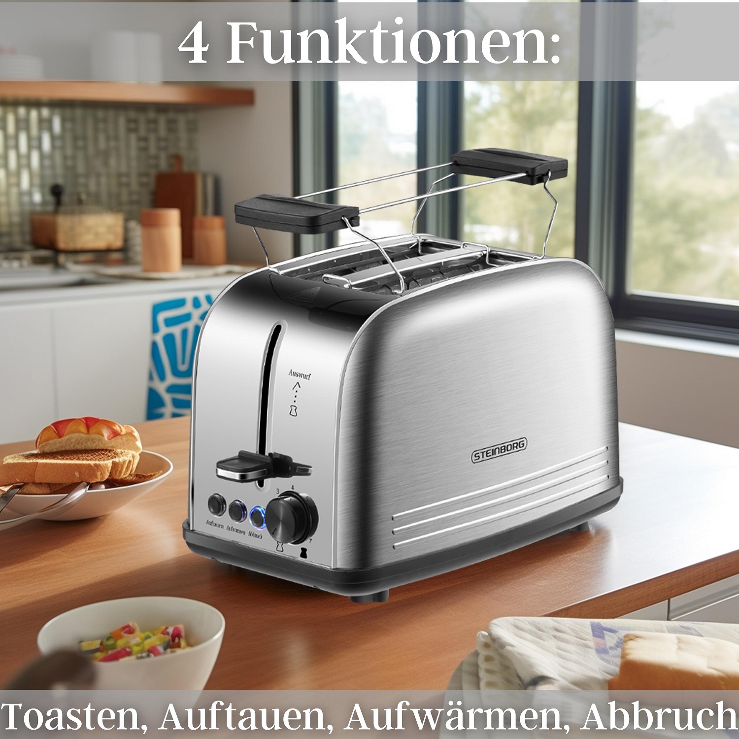 Steinborg 2 Scheiben Edelstahl Toaster | Mit Brötchenaufsatz