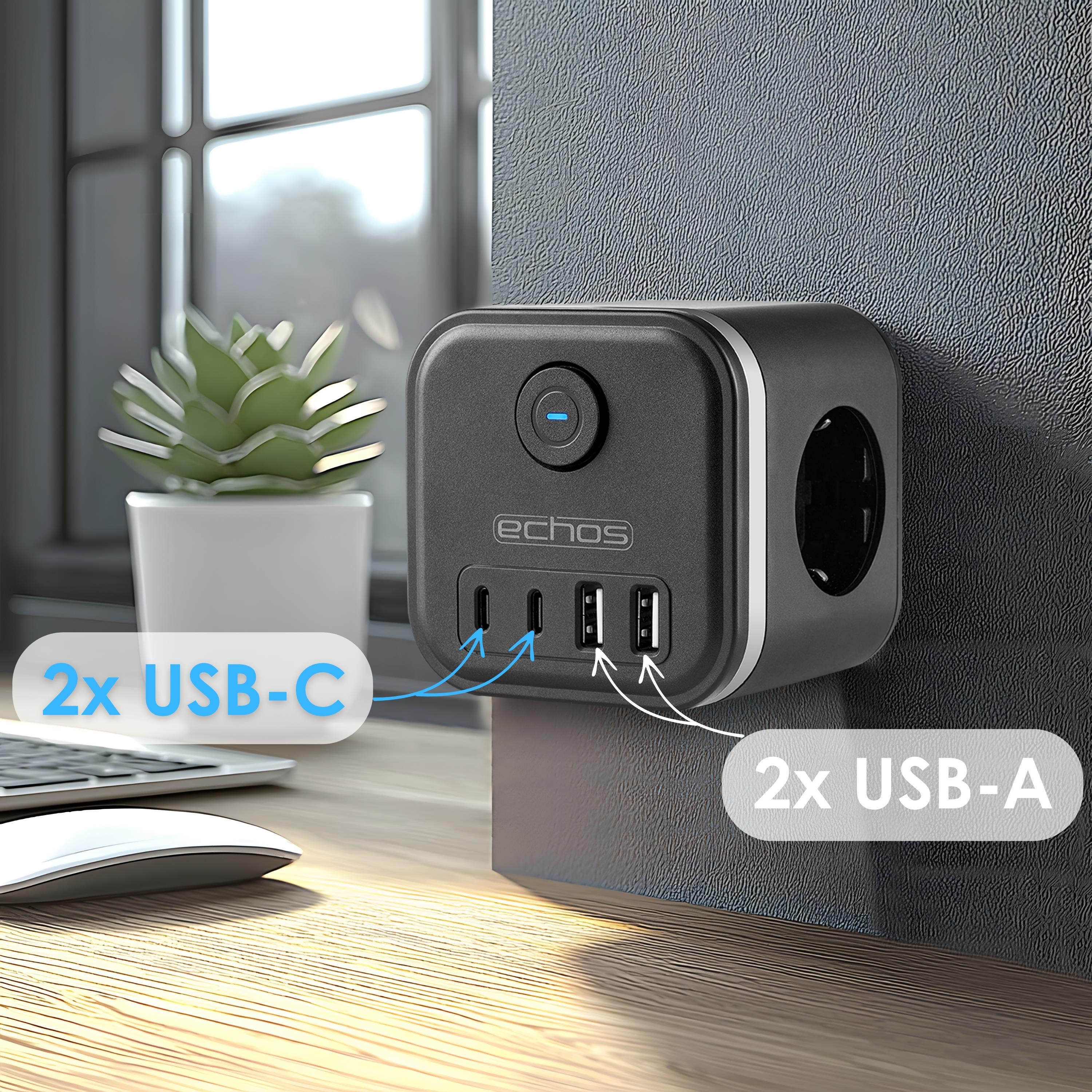 Echos Eco-4133 Steckdosenwürfel Schwarz Silber ohne Kabel