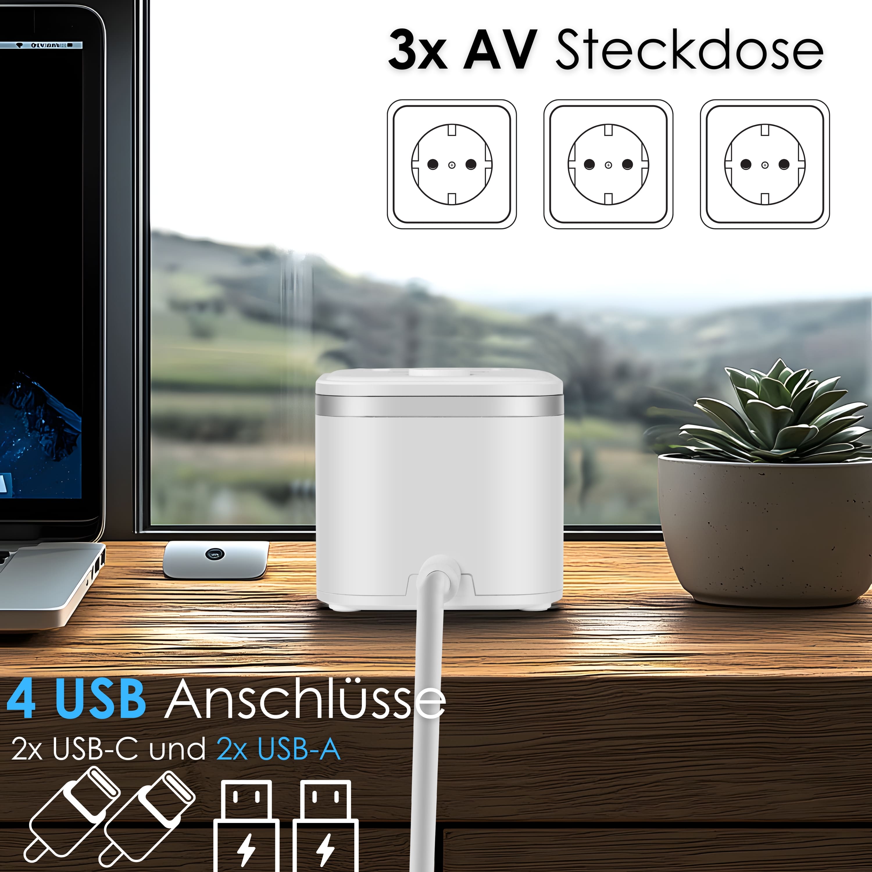 Echos Eco-4134 Steckdosenwürfel Weiß Silber mit Kabel Echos Eco-4134 Steckdosenwürfel Weiß Silber mit Kabel