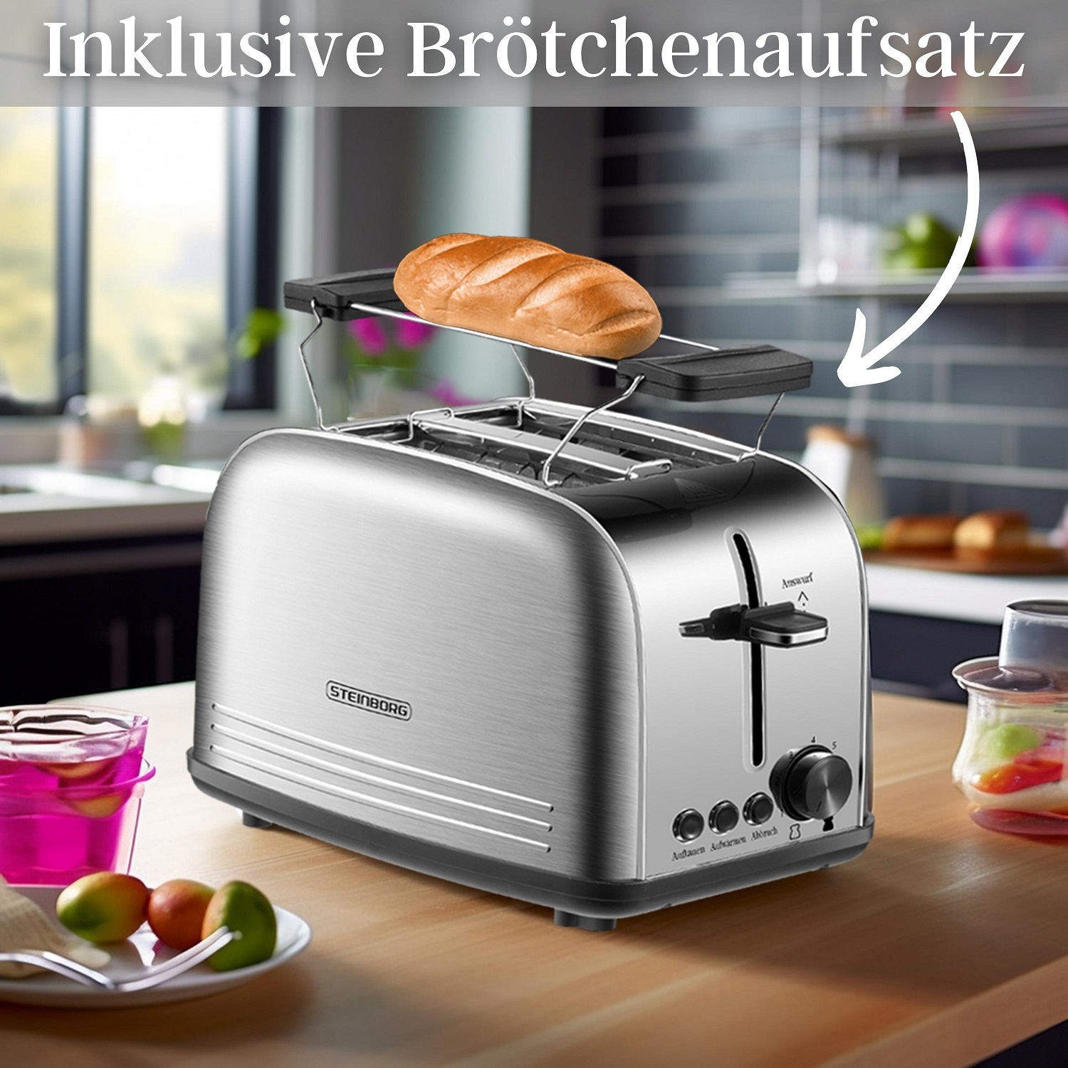 Steinborg 2 Scheiben Edelstahl Toaster | Mit Brötchenaufsatz