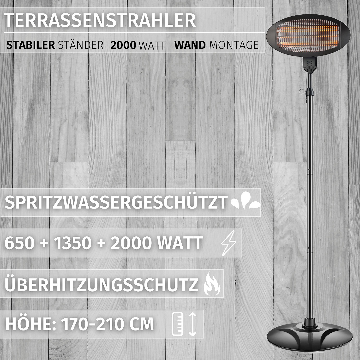 Echos Heizstrahler | Überhitzungsschutz | 3 Leistungsstufen | 650 Watt | 1350 Watt | 2000 Watt
