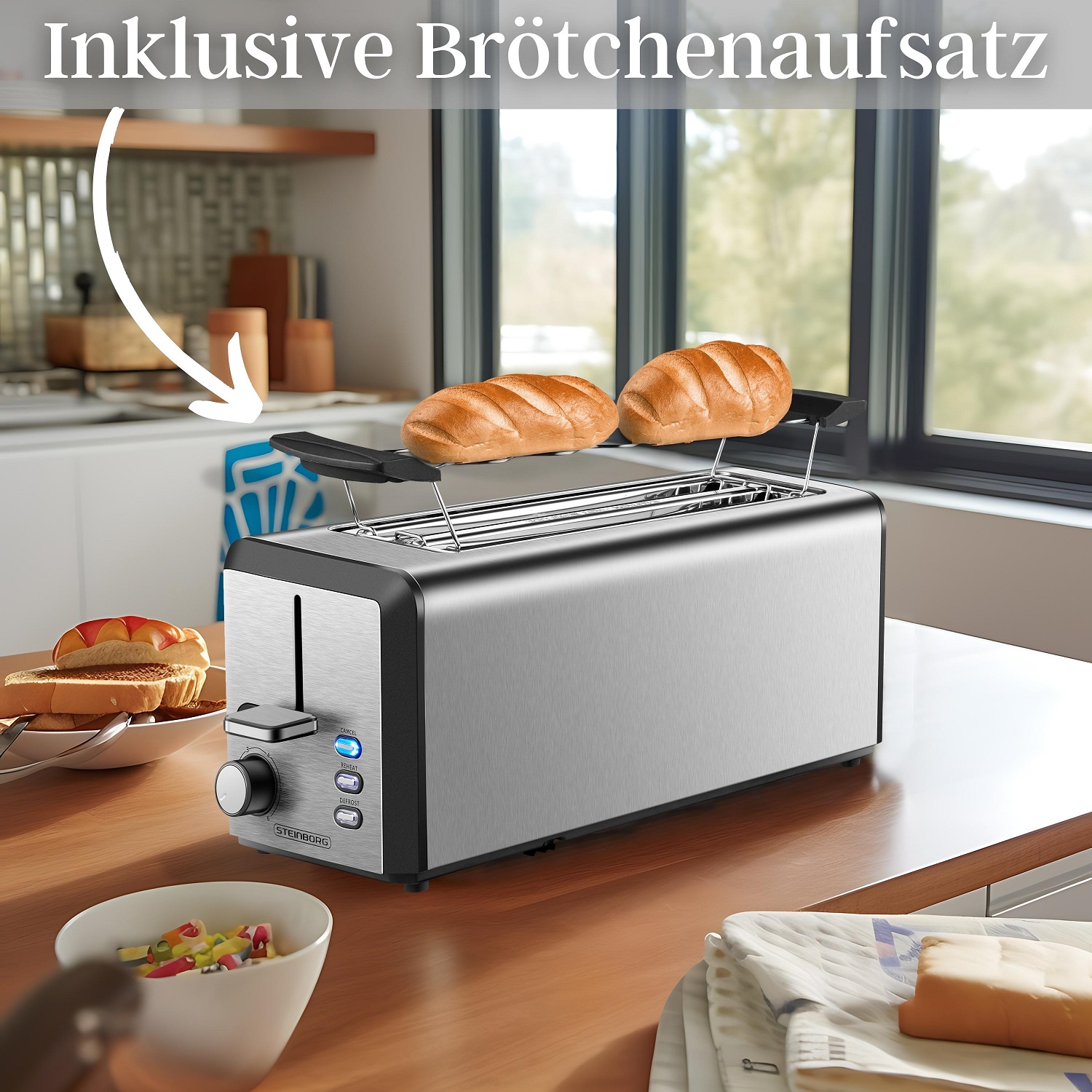 Steinborg Toaster Langschlitz | 4 Scheiben Toastautomat 1500 W
