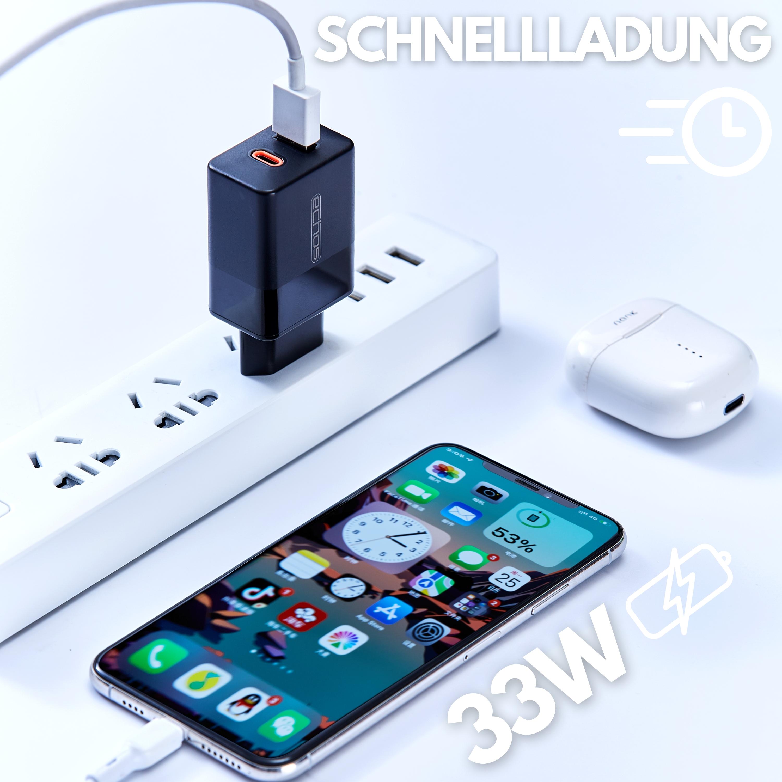Echos 33W Dualport USB-C + USB-A Schnellladegerät | QC3.0, PD und PPS