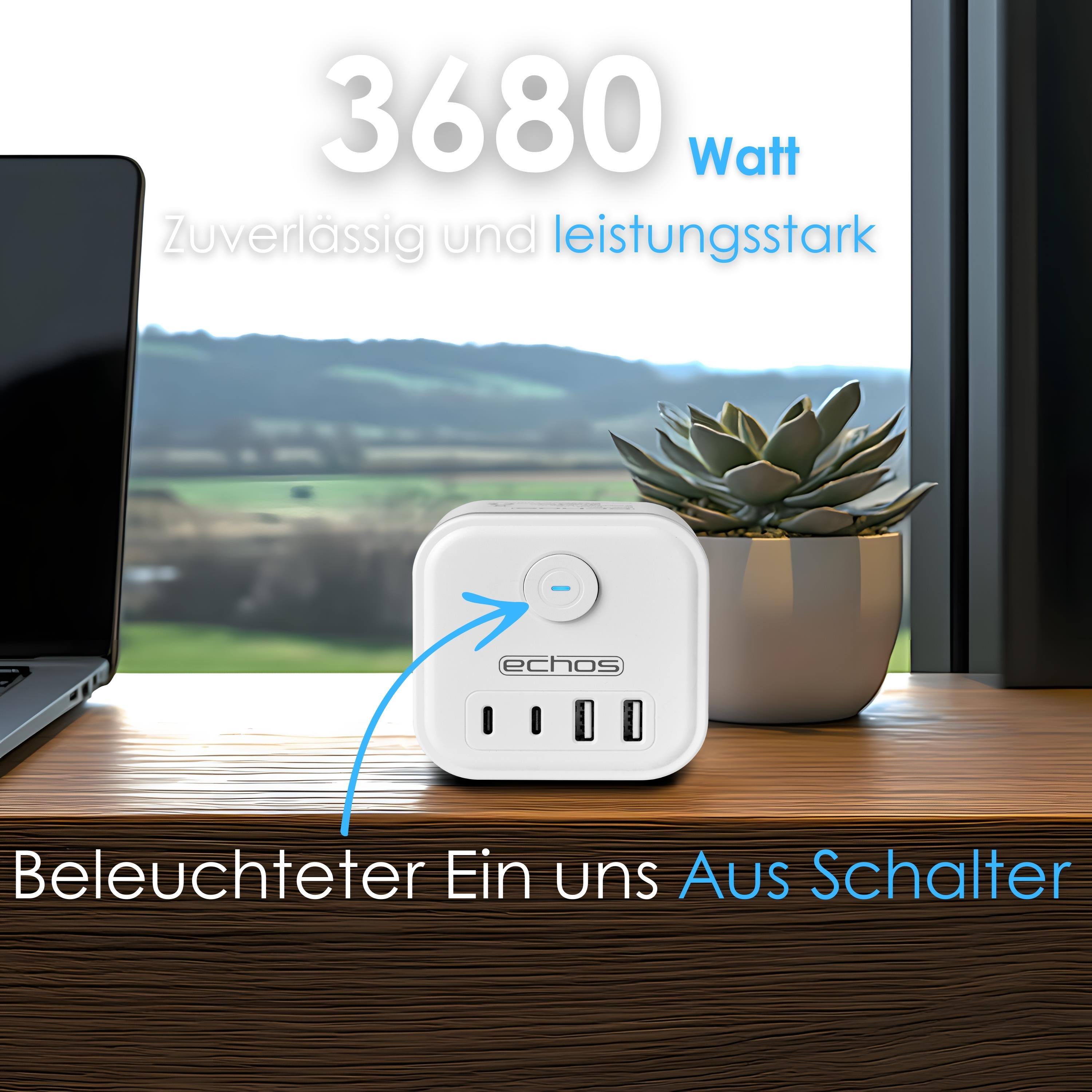 Echos Eco-4132 Steckdosenwürfel Weiß Silber ohne Kabel Echos Eco-4132 Steckdosenwürfel Weiß Silber ohne Kabel