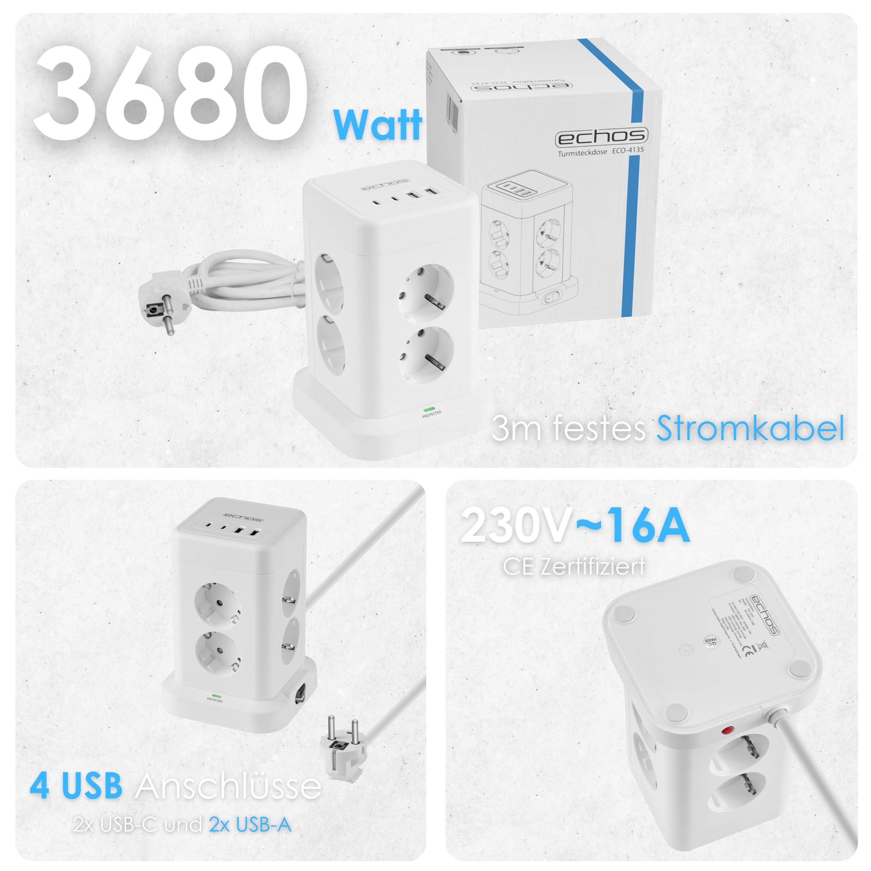 Echos Eco-4135 Steckdosenturm Weiß mit Kabel Echos Eco-4135 Steckdosenturm Weiß mit Kabel