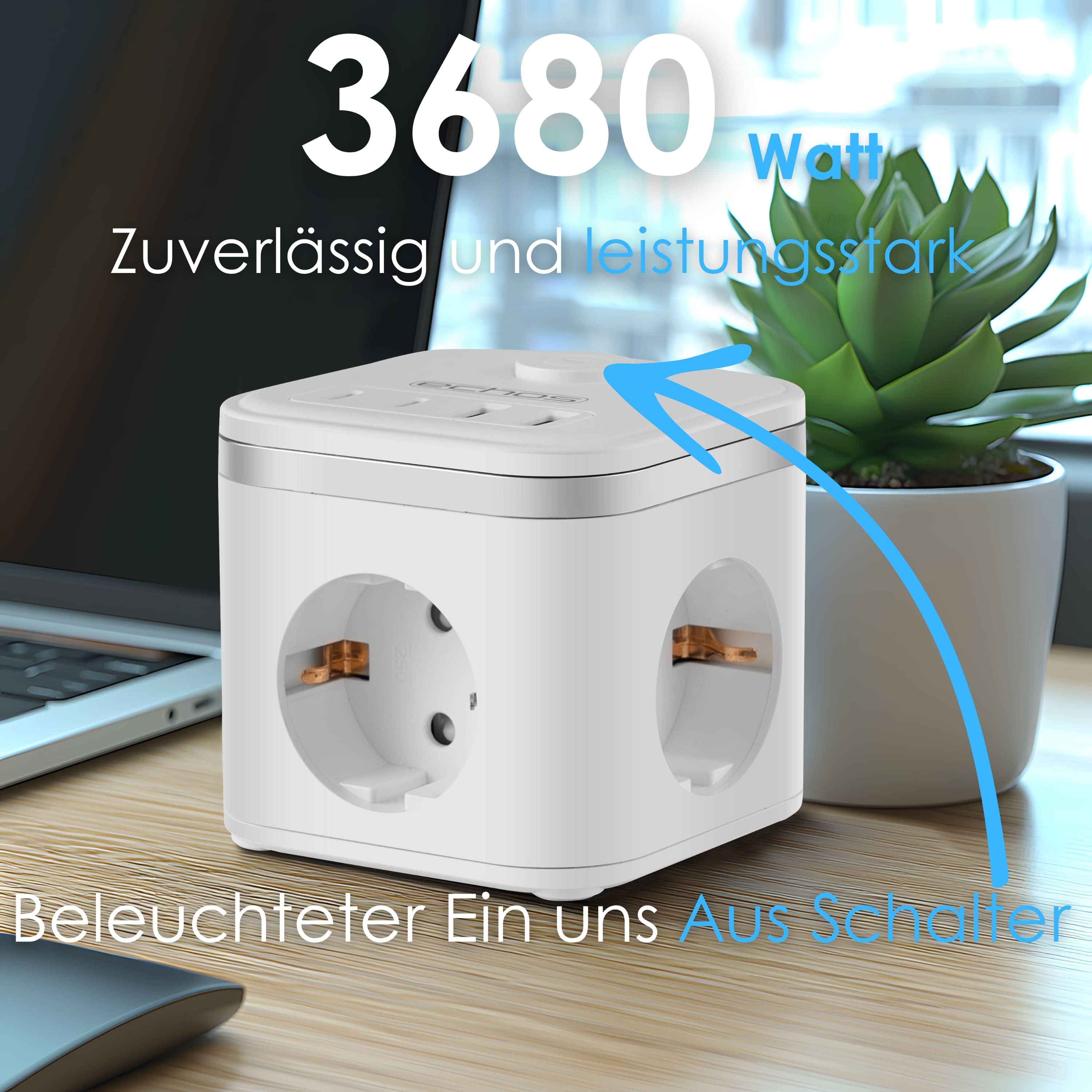 Echos Eco-4134 Steckdosenwürfel Weiß Silber mit Kabel Echos Eco-4134 Steckdosenwürfel Weiß Silber mit Kabel