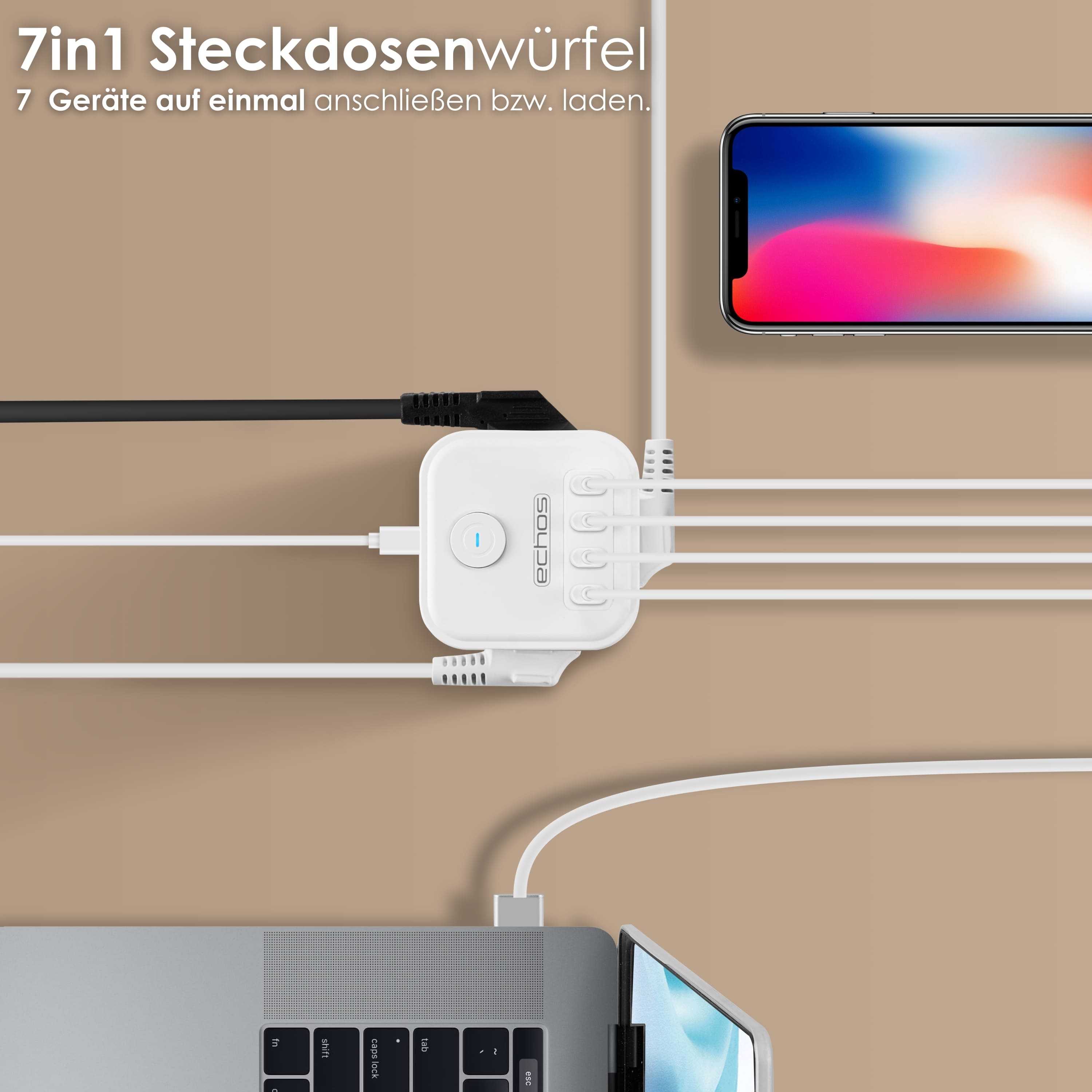 Echos Eco-4134 Steckdosenwürfel Weiß Silber mit Kabel Echos Eco-4134 Steckdosenwürfel Weiß Silber mit Kabel