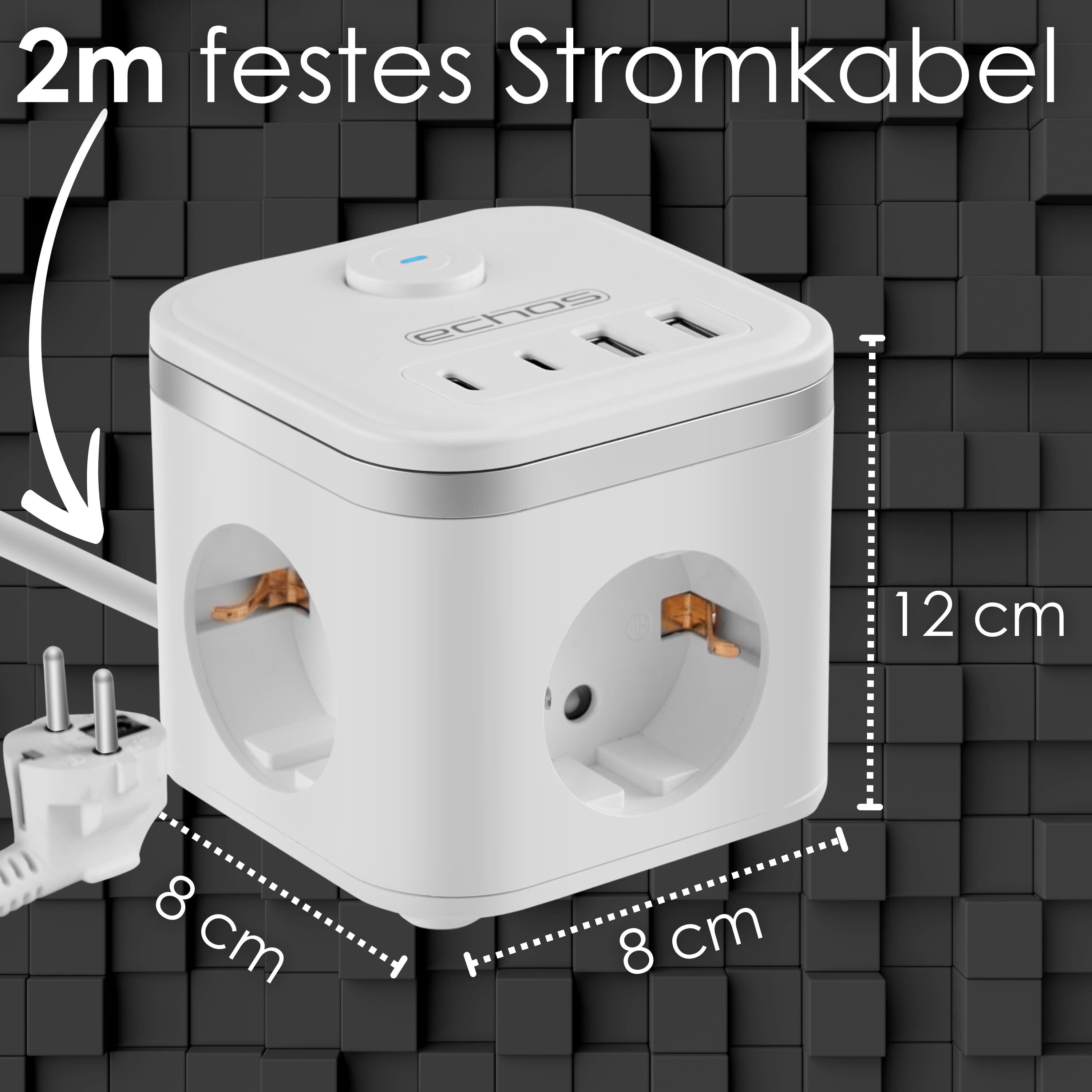 Echos Eco-4134 Steckdosenwürfel Weiß Silber mit Kabel Echos Eco-4134 Steckdosenwürfel Weiß Silber mit Kabel