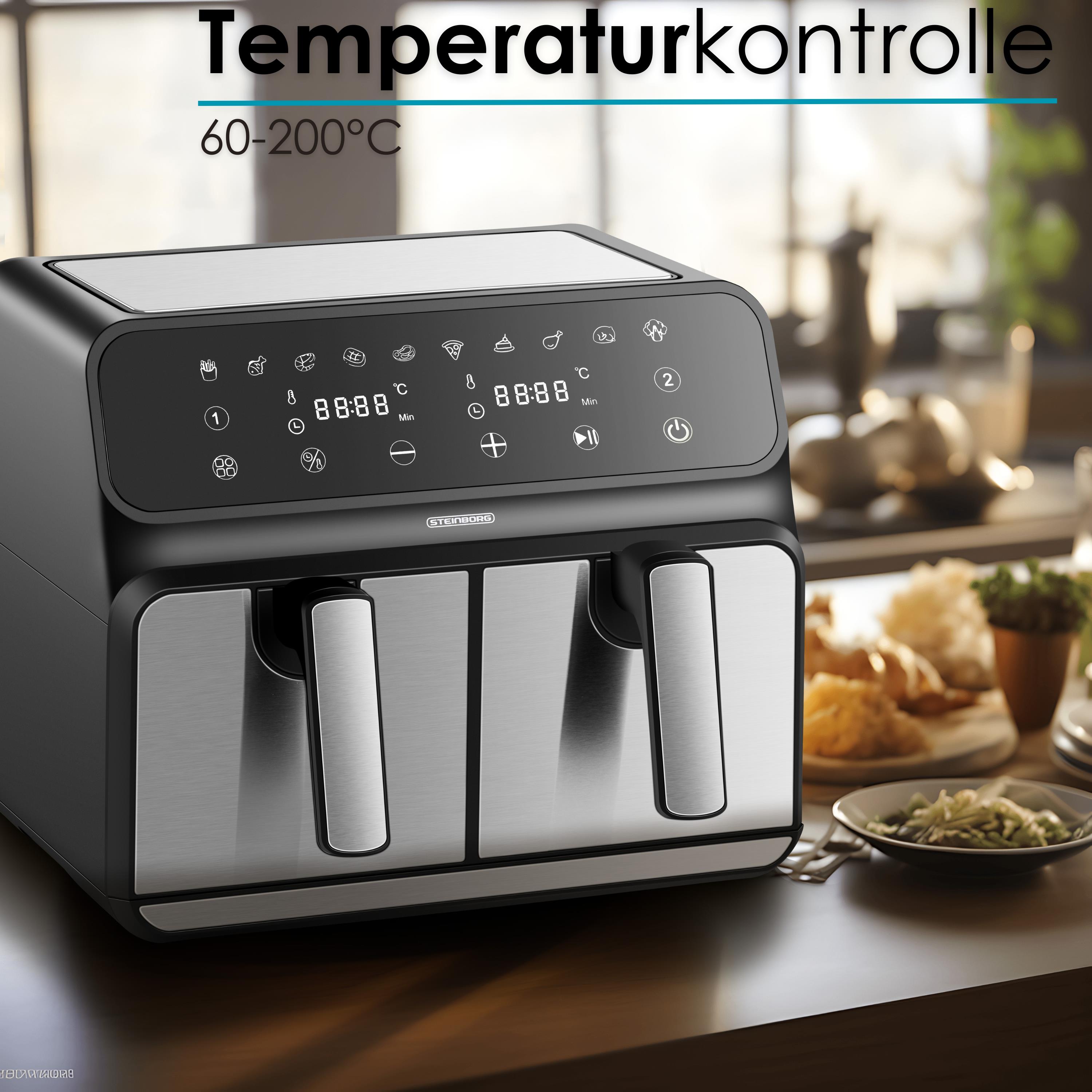 Steinborg Duale Heißluftfritteuse | 4+4 Liter | Heissluftfritteuse | 4 in 1 Mini Backofen