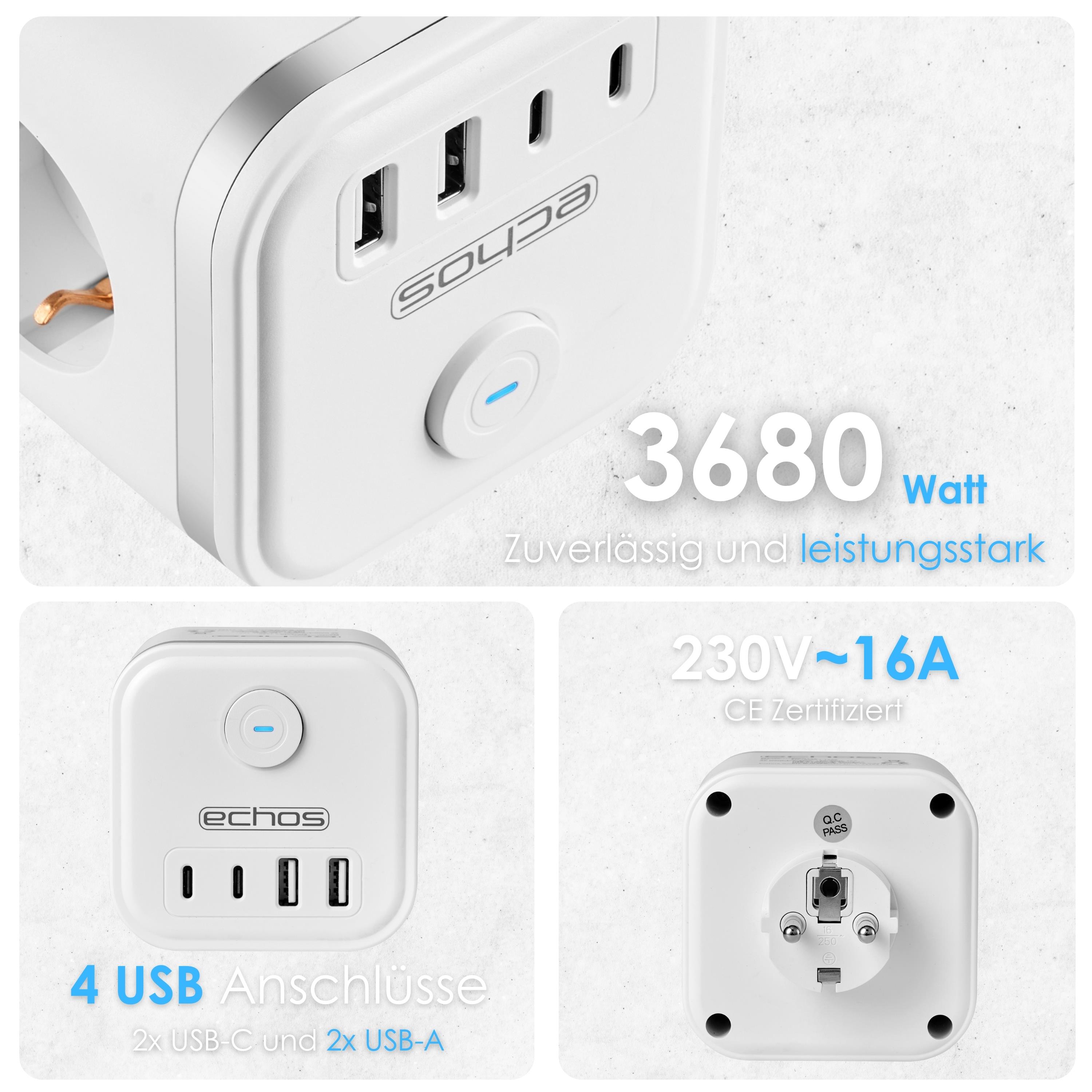 Echos Eco-4132 Steckdosenwürfel Weiß Silber ohne Kabel Echos Eco-4132 Steckdosenwürfel Weiß Silber ohne Kabel