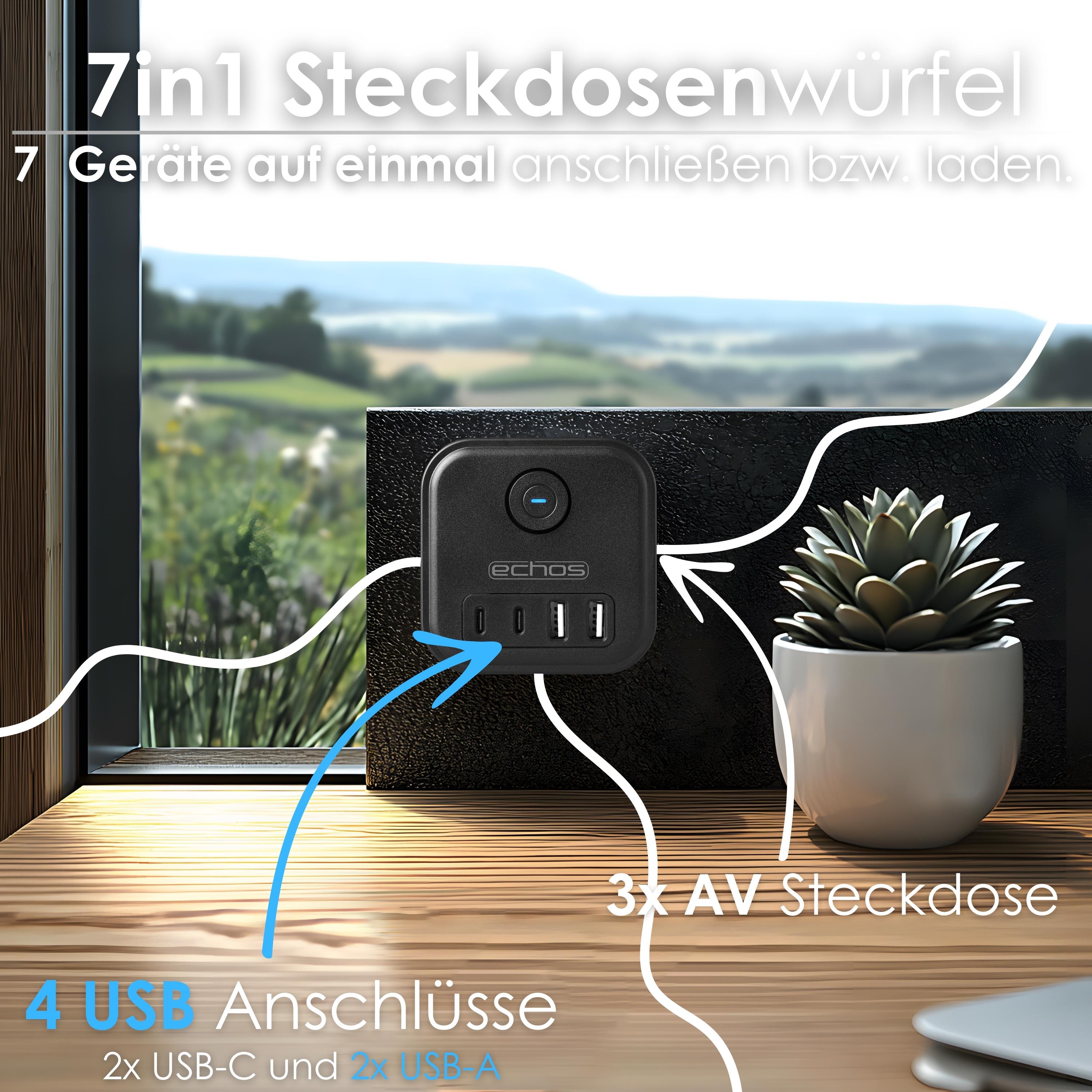 Echos Eco-4133 Steckdosenwürfel Schwarz Silber ohne Kabel