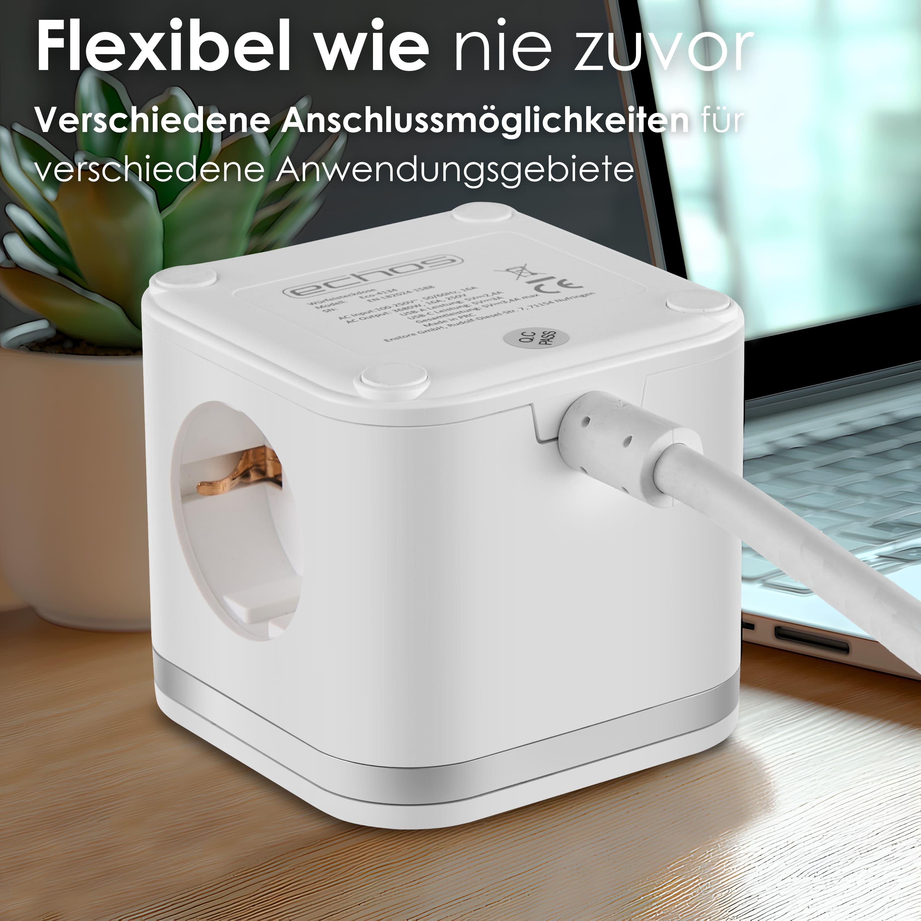 Echos Eco-4134 Steckdosenwürfel Weiß Silber mit Kabel Echos Eco-4134 Steckdosenwürfel Weiß Silber mit Kabel
